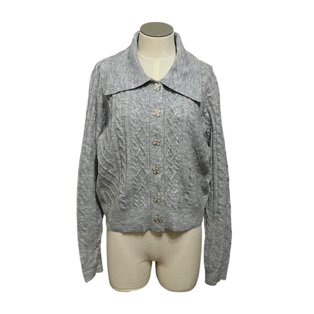 Whimsical Preppy Cable Knit THML Gray Cloverleaf Rhinestone Button Cardigan Sz S